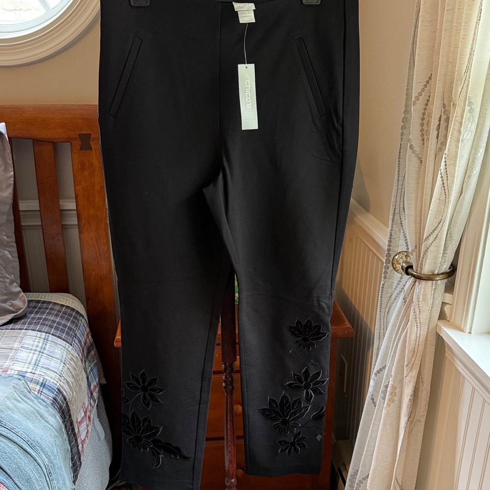 Chico's Juliet Black Floral Embroidered Tailored Pants